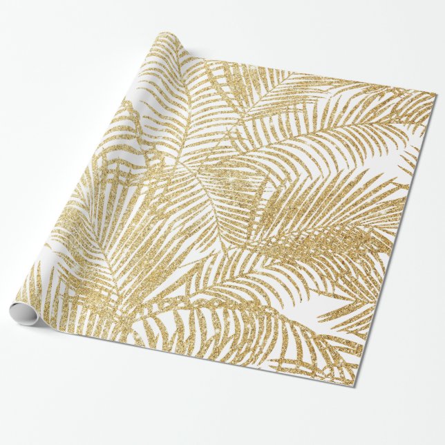 Elegant faux gold glitter tropical palm tree flora wrapping paper (Unrolled)