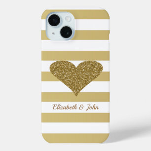 Elegant Faux Gold Glittery  Heart On Stripes iPhone 15 Case