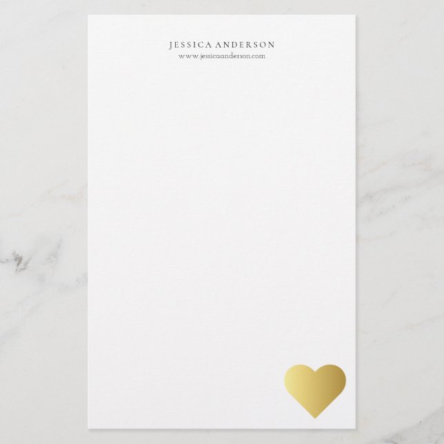 Elegant Faux Gold Heart Personalized Stationery (Front)