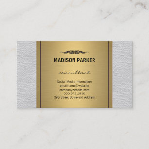 Elegant Faux Gold Label White Leather Business Card
