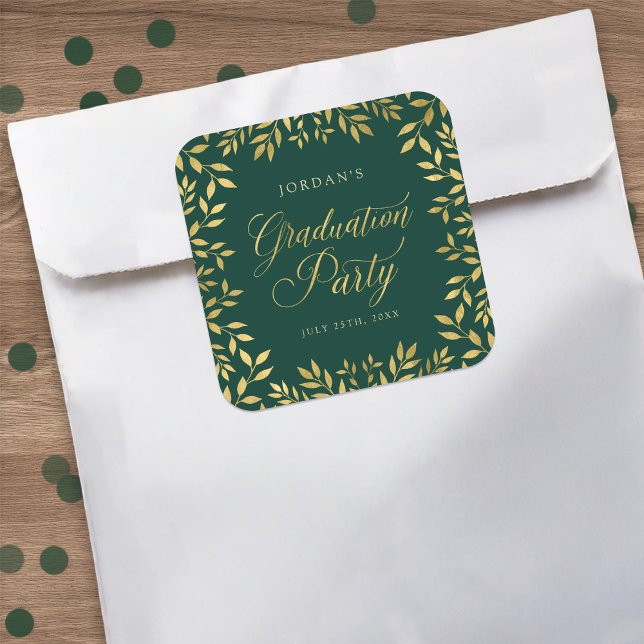Elegant Faux Gold Leaves Graduation Party Square Sticker (Creator Uploaded)