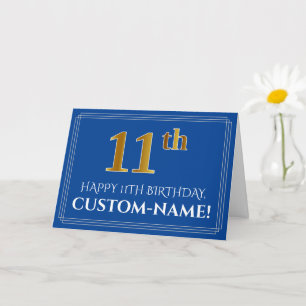 Elegant Faux Gold Look 11th Birthday, Name (Blue) Card