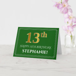 Elegant Faux Gold Look 13th Birthday, Name (Green) Card