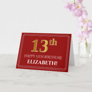Elegant Faux Gold Look "13th" Birthday, Name (Red) Card