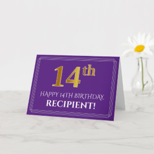 Elegant Faux Gold Look 14th Birthday, Name; Purple Card