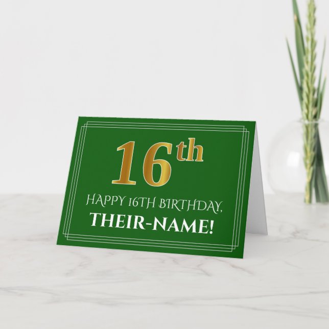 Elegant Faux Gold Look 16th Birthday, Name (Green) Card (Front)