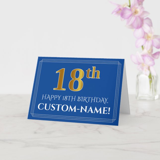 Elegant Faux Gold Look 18th Birthday, Name (Blue) Card (Orchid)