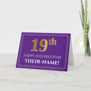 Elegant Faux Gold Look 19th Birthday, Name; Purple Card