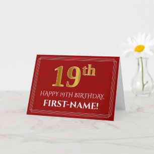 Elegant Faux Gold Look "19th" Birthday, Name (Red) Card