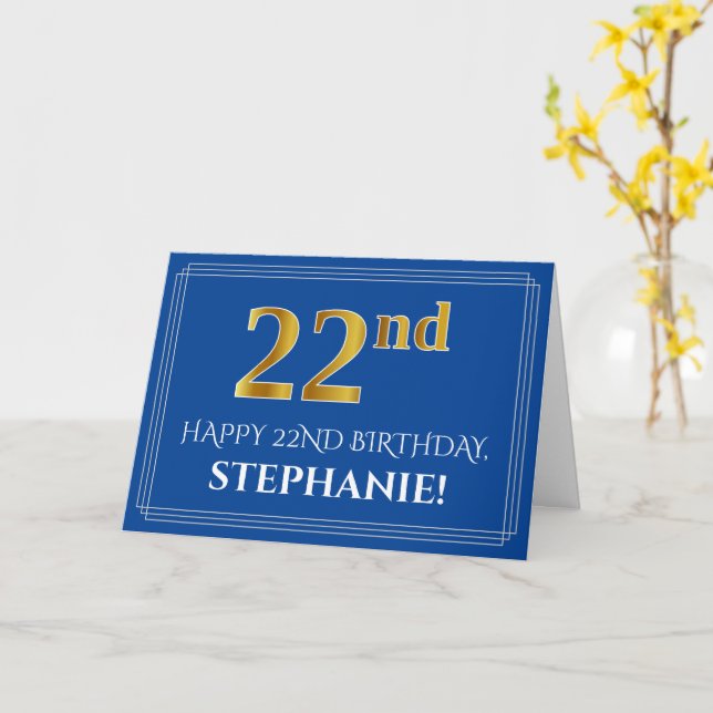 Elegant Faux Gold Look 22nd Birthday, Name (Blue) Card (Yellow Flower)