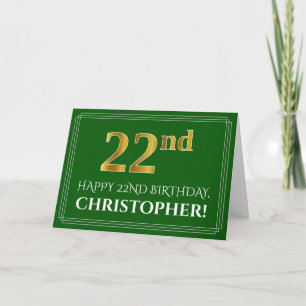 Elegant Faux Gold Look 22nd Birthday, Name (Green) Card