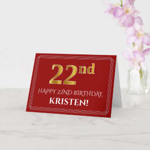 Elegant Faux Gold Look "22nd" Birthday, Name (Red) Card