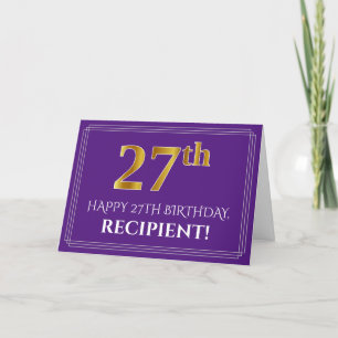 Elegant Faux Gold Look 27th Birthday, Name; Purple Card