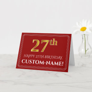 Elegant Faux Gold Look "27th" Birthday, Name (Red) Card