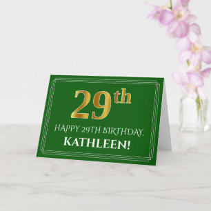 Elegant Faux Gold Look 29th Birthday, Name (Green) Card