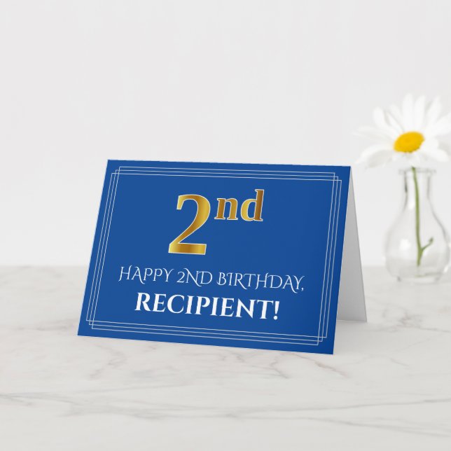 Elegant Faux Gold Look 2nd Birthday, Name (Blue) Card (Small Plant)