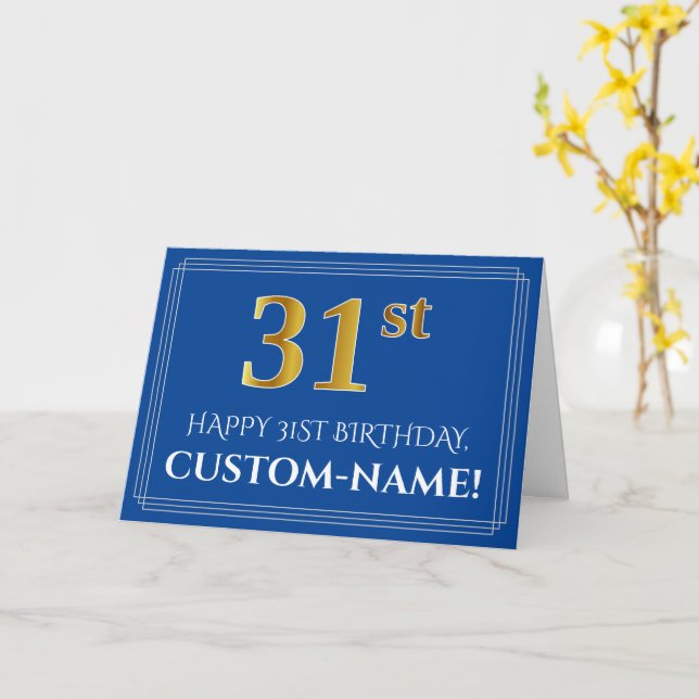 Elegant Faux Gold Look 31st Birthday, Name (Blue) Card (Yellow Flower)