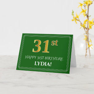 Elegant Faux Gold Look 31st Birthday, Name (Green) Card
