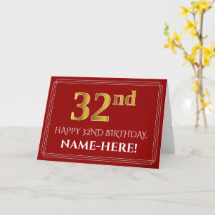Elegant Faux Gold Look "32nd" Birthday, Name (Red) Card