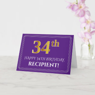 Elegant Faux Gold Look 34th Birthday, Name; Purple Card