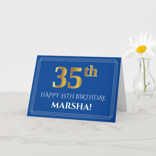 Elegant Faux Gold Look 35th Birthday, Name (Blue) Card (Small Plant)