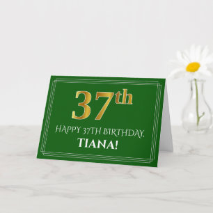 Elegant Faux Gold Look 37th Birthday, Name (Green) Card