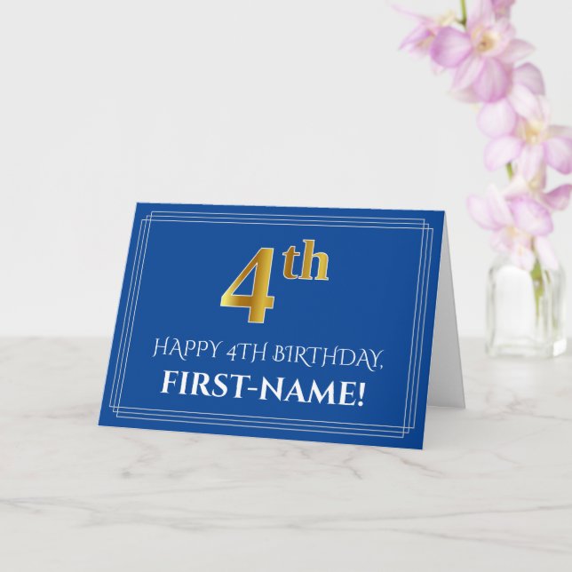 Elegant Faux Gold Look 4th Birthday, Name (Blue) Card (Orchid)