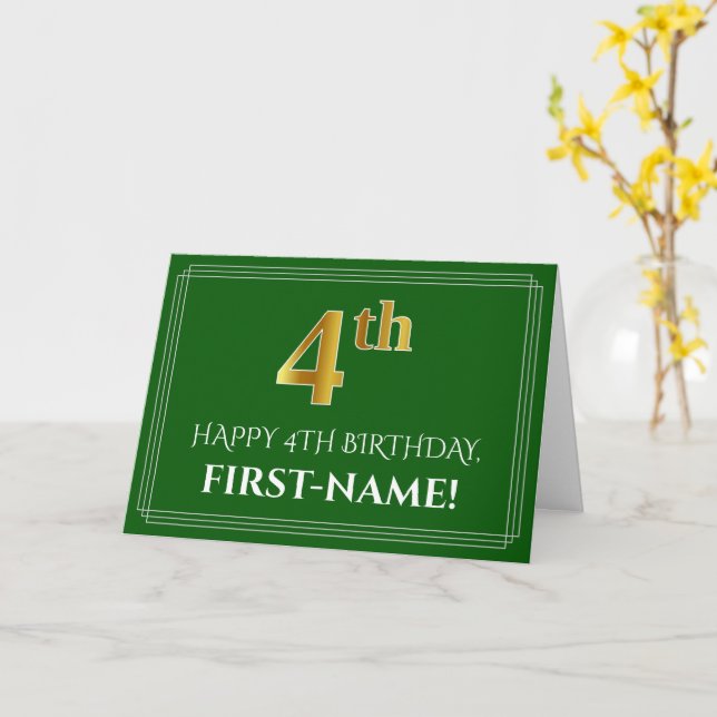 Elegant Faux Gold Look 4th Birthday, Name (Green) Card (Yellow Flower)