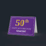 Elegant Faux Gold Look 50th Birthday, Name; Purple Card<br><div class="desc">The front of this elegant and fancy birthday-themed greeting card design features a large ordinal number "50th" having a faux/imitation gold inspired appearance, the message "HAPPY 50TH BIRTHDAY, ", a customizable recipient name, and a border pattern consisting of thin lines, on a purple coloured background. The inside features a customizable...</div>