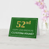 Elegant Faux Gold Look 52nd Birthday, Name (Green)