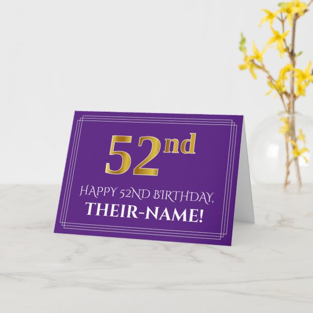 Elegant Faux Gold Look 52nd Birthday, Name; Purple Card (Yellow Flower)