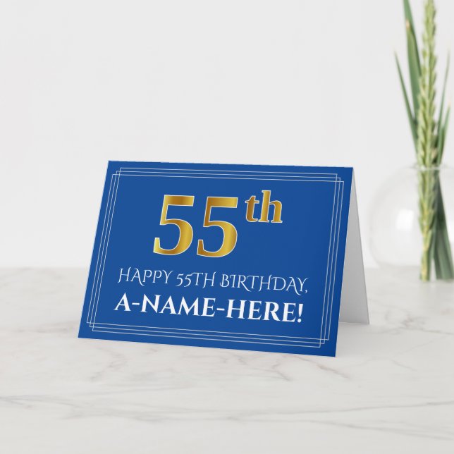 Elegant Faux Gold Look 55th Birthday, Name (Blue) Card (Front)