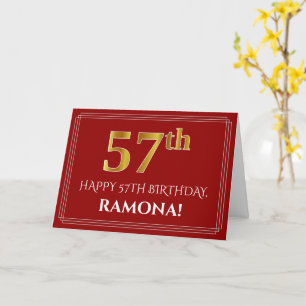 Elegant Faux Gold Look "57th" Birthday, Name (Red) Card
