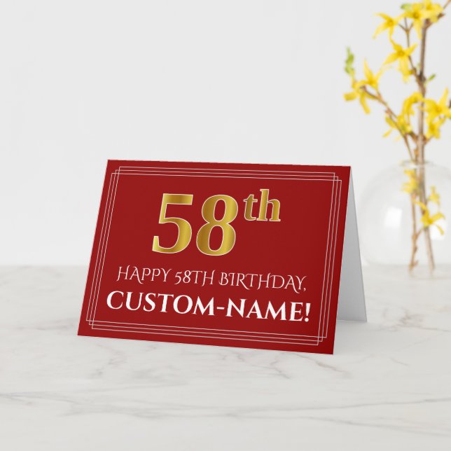 Elegant Faux Gold Look "58th" Birthday, Name (Red) Card (Yellow Flower)