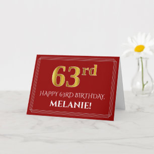 Elegant Faux Gold Look "63rd" Birthday, Name (Red) Card