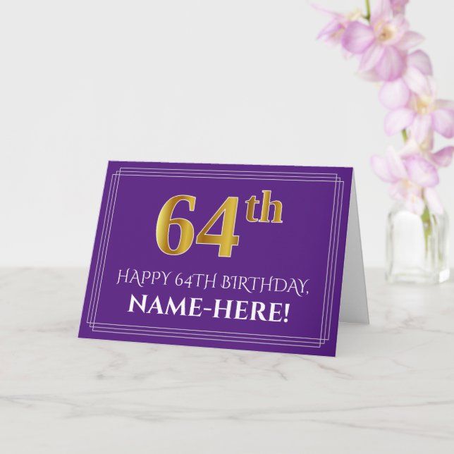 Elegant Faux Gold Look 64th Birthday, Name; Purple Card (Orchid)