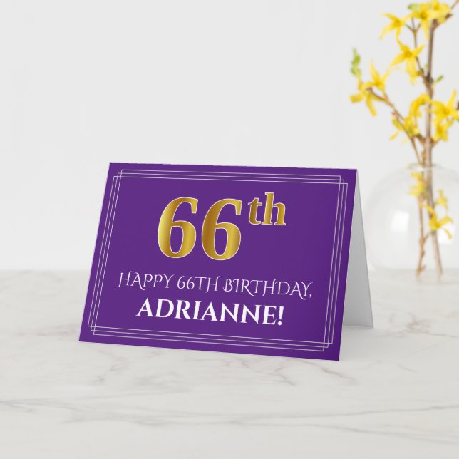 Elegant Faux Gold Look 66th Birthday, Name; Purple Card (Yellow Flower)