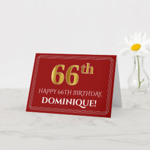 Elegant Faux Gold Look "66th" Birthday, Name (Red) Card