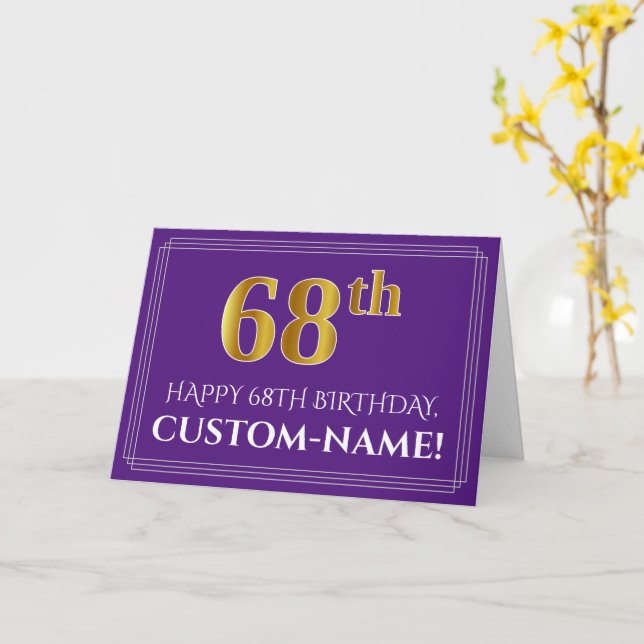 Elegant Faux Gold Look 68th Birthday, Name; Purple Card (Yellow Flower)