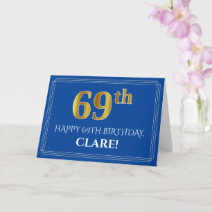 Elegant Faux Gold Look 69th Birthday, Name (Blue) Card