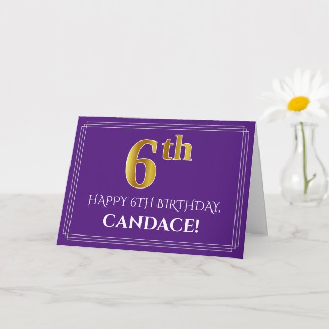 Elegant Faux Gold Look 6th Birthday, Name; Purple Card (Small Plant)