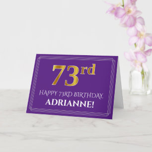 Elegant Faux Gold Look 73rd Birthday, Name; Purple Card