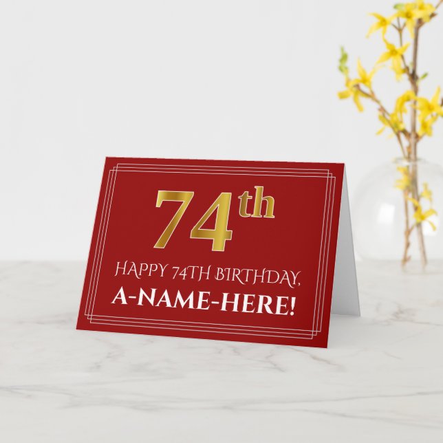 Elegant Faux Gold Look "74th" Birthday, Name (Red) Card (Yellow Flower)