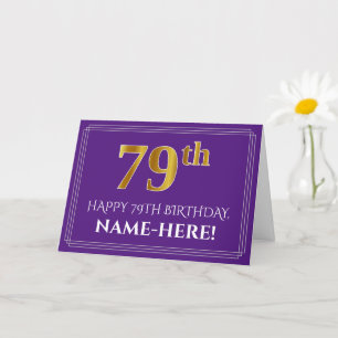Elegant Faux Gold Look 79th Birthday, Name; Purple Card
