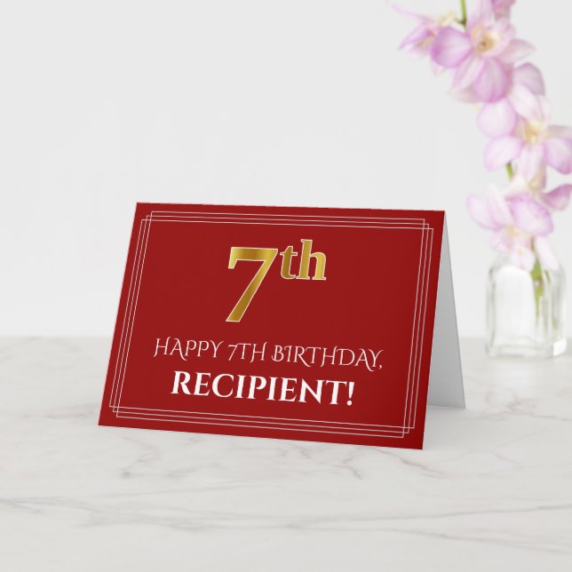 Elegant Faux Gold Look "7th" Birthday, Name (Red) Card (Orchid)