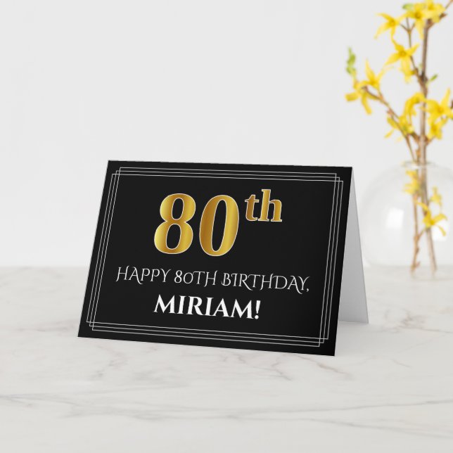 Elegant Faux Gold Look "80th" Birthday + Name Card (Yellow Flower)