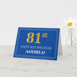 Elegant Faux Gold Look 81st Birthday, Name (Blue) Card