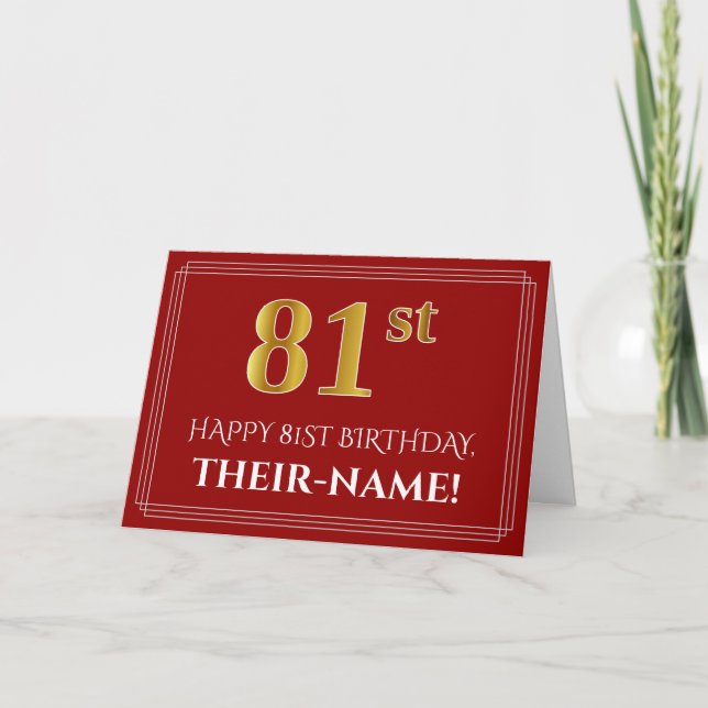 Elegant Faux Gold Look "81st" Birthday, Name (Red) Card (Front)