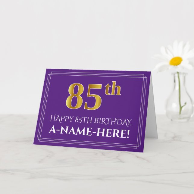 Elegant Faux Gold Look 85th Birthday, Name; Purple Card (Small Plant)