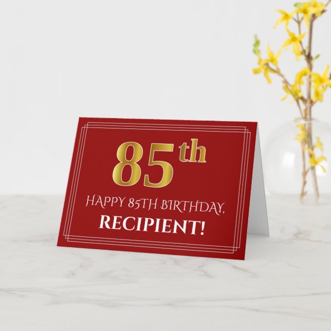Elegant Faux Gold Look "85th" Birthday, Name (Red) Card (Yellow Flower)